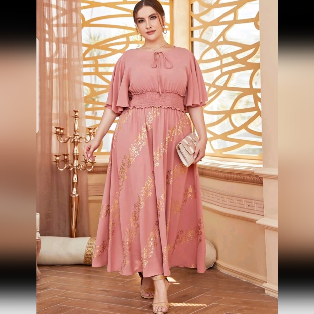 Plus Golden Floral Print Tie Front Frill Trim Shirred Waist Dress